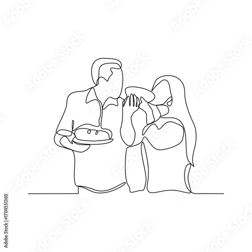One continuous line drawing of people are eating hotdogs in the food court area vector illustration.  Food street illustration in linear style vector concept. Great design for food business campaign.