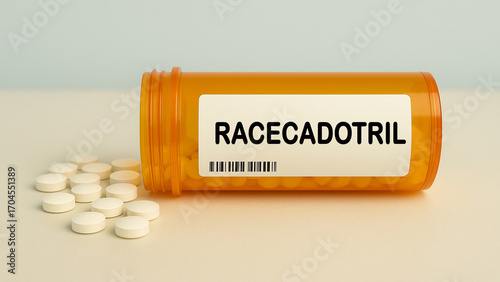 Cuadro en lienzo Box of RACECADOTRIL tablets on a hospital pharmacy table used to treat acute diarrhea an enkephalinase inhibitor