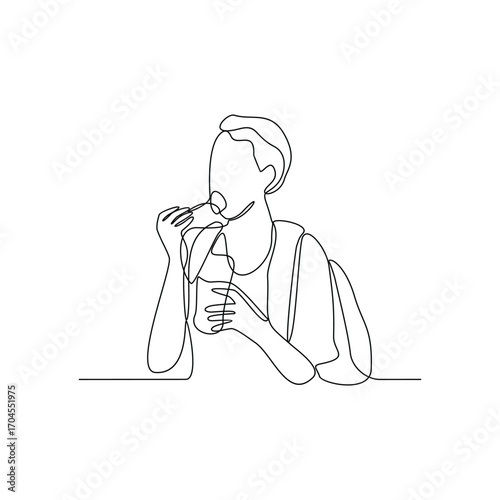 One continuous line drawing of people are eating cakes in the food court area vector illustration.  Food street illustration in linear style vector concept. Great design for food business campaign.