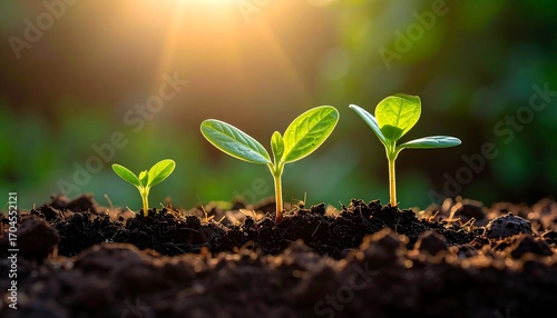 Three small green seedlings in dark soil bask in the golden glow of sunlight, highlighting growth and new beginnings