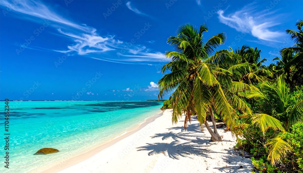 Naklejka premium Tropical beach scene with turquoise water, white sand, palm trees, and a bright blue sky