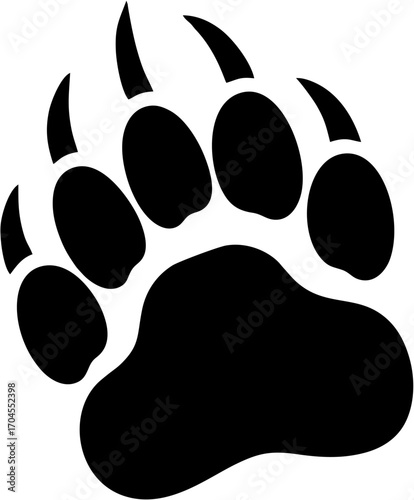 Striking graphic illustration of a powerful bear paw print with sharp, extended claws, embodying untamed wilderness and raw strength. Perfect for emblems and bold designs