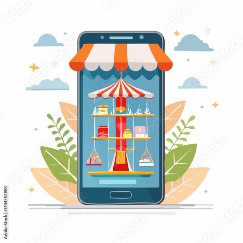 Online Shopping Carousel on Mobile Phone with Green Leaves