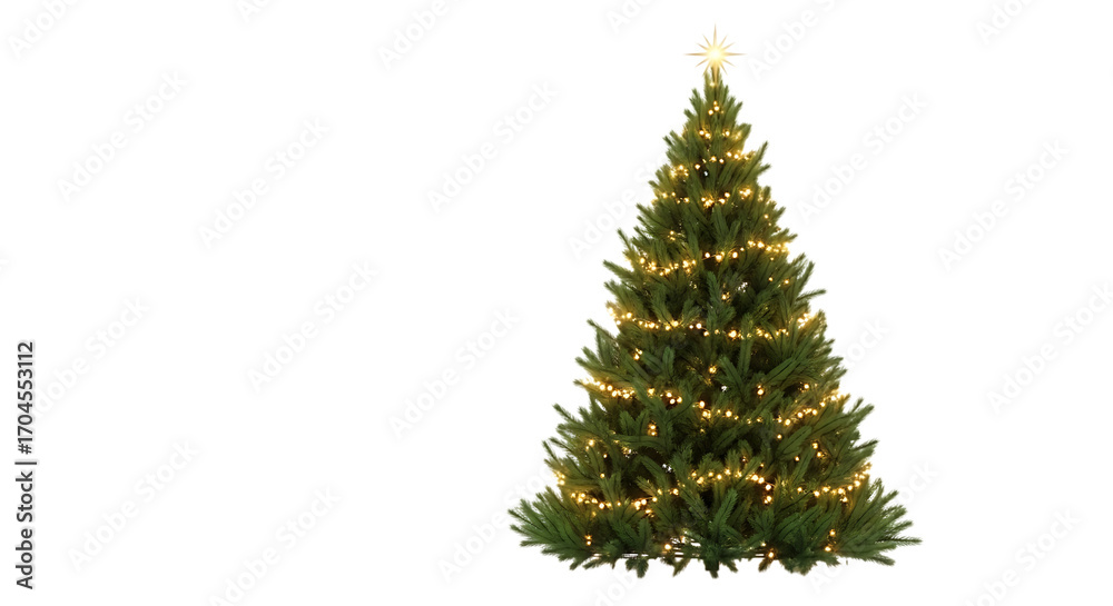 Fototapeta premium Decorated Christmas Tree with Star and Lights on Black Background