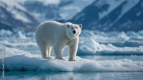 Arctic polar bear on floating ice, vast blue ocean and glaciers, environmental theme, pristine natural atmosphere