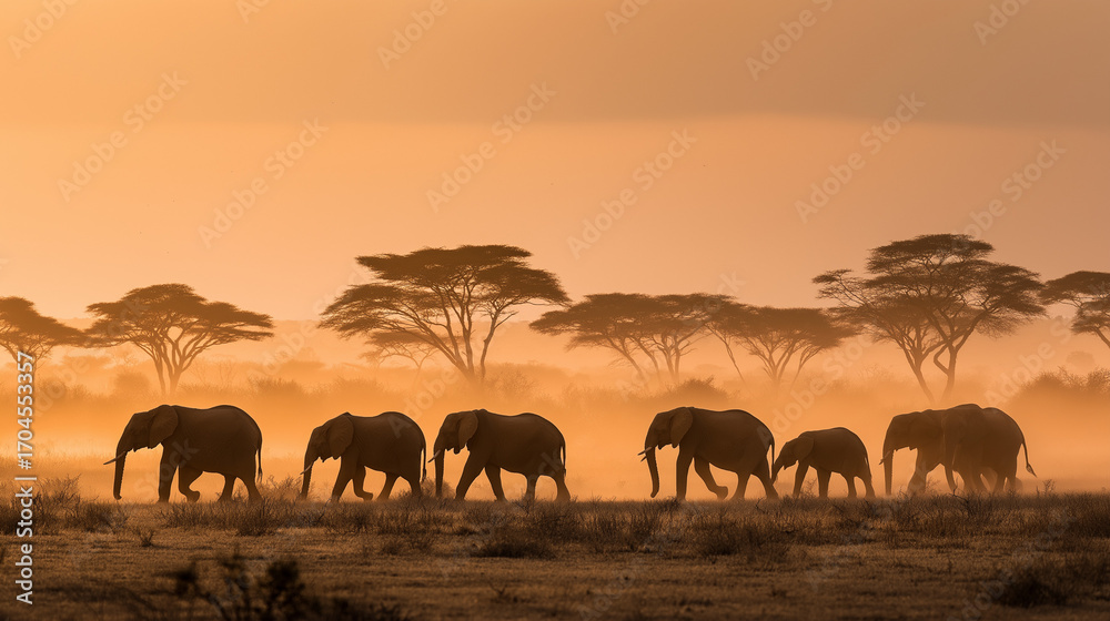 Fototapeta premium Herd of elephants walking across savanna at golden hour, dust rising, acacia trees silhouetted against horizon