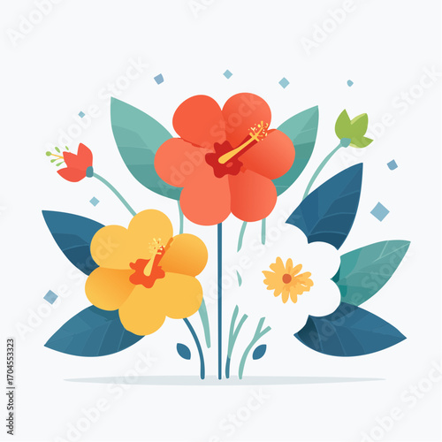 Vibrant Orange Yellow And White Hibiscus Flowers With Green And Blue Leaves On White Background
