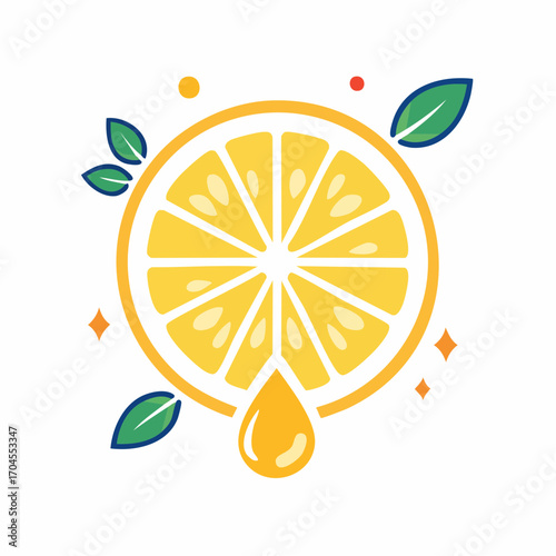 Bright Yellow Lemon Slice with Leaves and Juice Drop