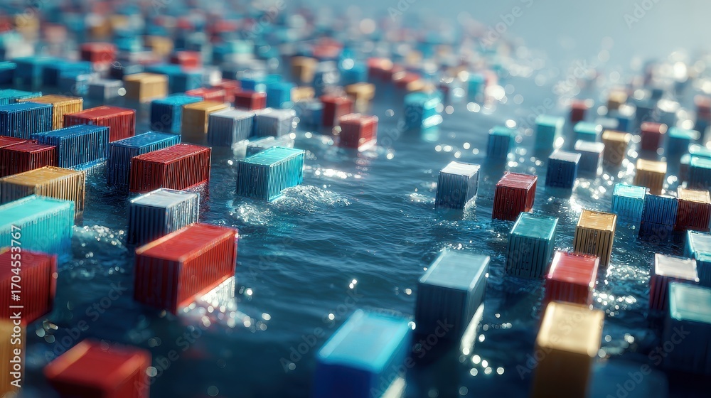 Obraz premium Import export logistics, floating containers on digital ocean, 3D illustration.