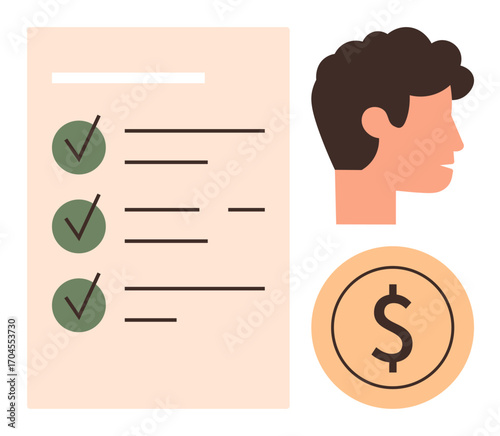 Task list with checkmarks, profile head, and dollar coin symbolizes productivity, personal finance, decision-making, goal achievement, workflow, efficiency. Ideal for planning productivity metaphor