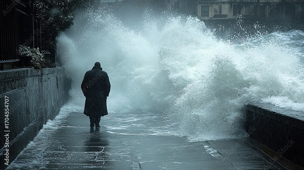 Fototapeta premium Contemplative figure walking against the storm at the water's edge walkway