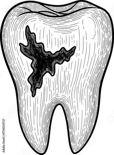 tooth illustration with dental cavity in hand-drawn style