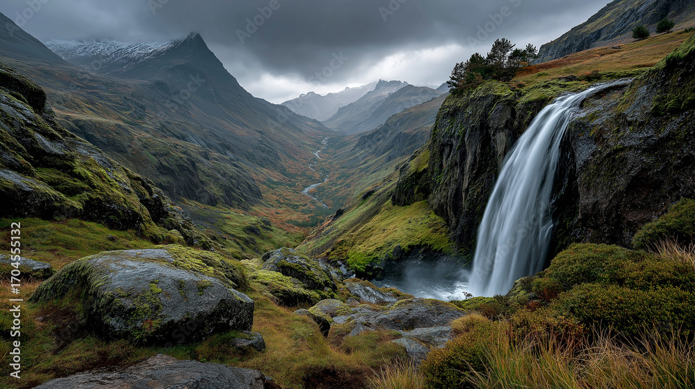 Fototapeta premium Icelandic waterfall crashing into mossy cliffs, rainbow in the mist, dramatic overcast sky, wide panoramic composition