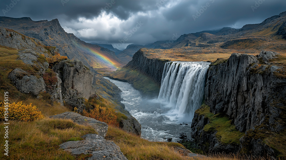 Fototapeta premium Icelandic waterfall crashing into mossy cliffs, rainbow in the mist, dramatic overcast sky, wide panoramic composition