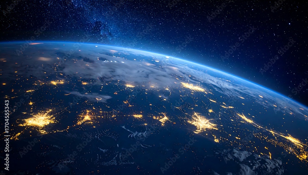 Fototapeta premium Night view of Earth from space showcasing illuminated cities, clouds, and the dark starry background