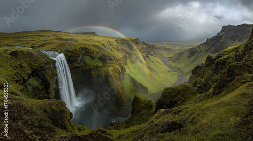 Icelandic waterfall crashing into mossy cliffs, rainbow in the mist, dramatic overcast sky, wide panoramic composition