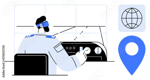 Operator using controls and VR headset for navigation or tracking. Ideal for technology, GPS, virtual reality, transportation, global tracking, innovation, aviation. Simple flat metaphor