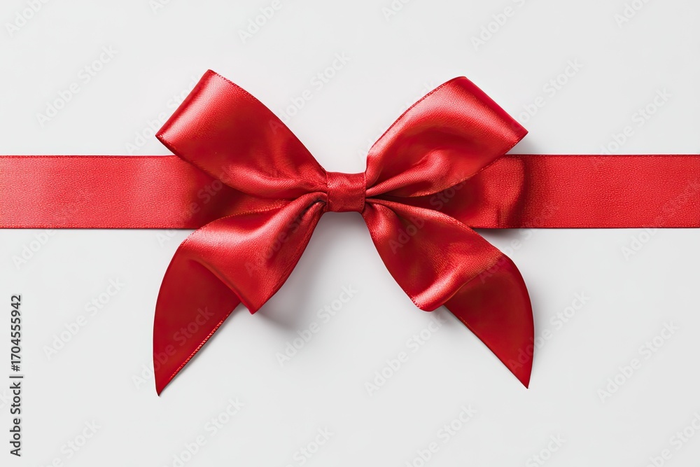 Fototapeta premium A vibrant red satin ribbon bow, elegantly tied, rests centrally on a plain white background. Its glossy sheen and sharp folds create a festive and sophisticated feel