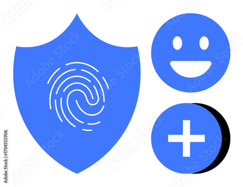 Blue shield with a fingerprint, happy face, and add button represent security, user experience, identity, and interaction. Ideal for cybersecurity, technology, trust safety privacy UX simple
