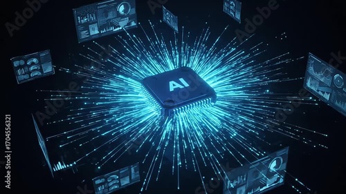 ai chip powering data streams in a digital world driving innovation showcasing connectivity data analysis and technological advancement in a modern backdrop.