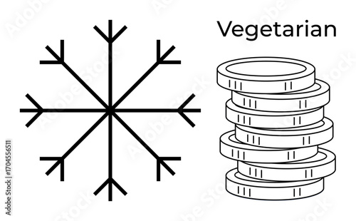 Snowflake next to stacked coins and Vegetarian text. Themes include winter, money, sustainability, diet, simplicity, health and minimalism. Ideal for conceptual art and messaging. Simple flat