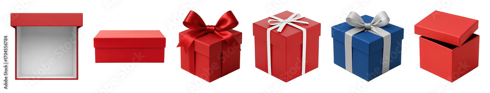 Obraz premium Red and blue gift box set including open, closed, and ribbon-tied variations isolated. Holiday and celebration packaging.