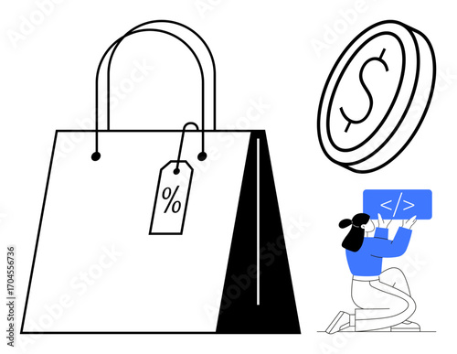 Shopping bag with discount tag, coin representing economy, coder creating software. Ideal for e-commerce, software development, finance, online shopping, sales, marketing simple landing page