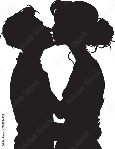 Silhouette of a couple kissing with arms around each other against a white background in a studio shot