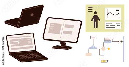 Laptop, desktop monitor displaying data interfaces, user profile screen with analytics, process flowchart. Ideal for technology, data management, business workflow, training, analysis research