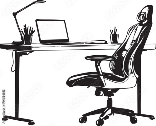 A black and white illustration of a desk with a laptop a lamp and a gaming chair in an office space