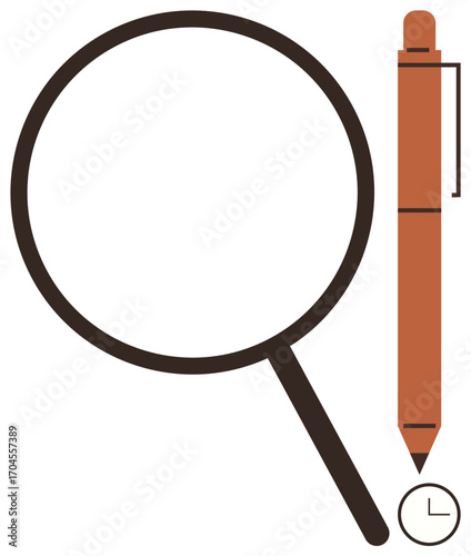 Magnifying glass, pen, and tiny clock emphasize analysis, precision, and time awareness. Ideal for research, productivity, workflow, organization deadlines time tracking simple flat metaphor
