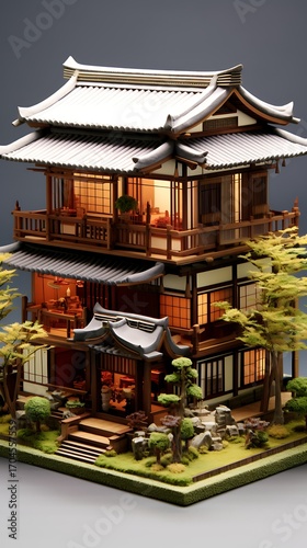 Detailed Miniature Japanese Pagoda Model Evoking Serenity and Architectural Sophistication Display