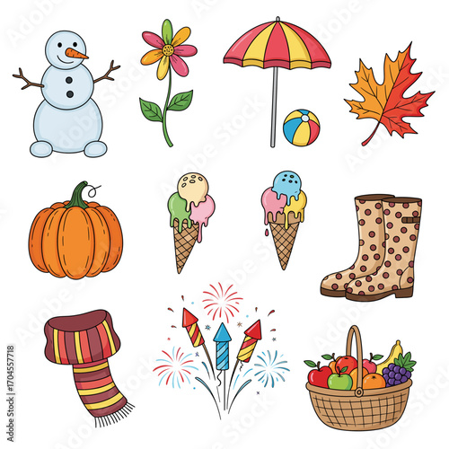 Set of  holiday icons in hand drawn pink and gold doodle style. Vector illustration with balloons, cake, gift box, party hat, fireworks, confetti, champagne glass, star, candle, ribbon.