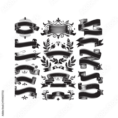Collection of Hand Drawn Black Ribbons and Decorative Flourishes on White Background Keywords: ribbon, banner, scroll, vintage, retro, hand drawn, sketch, illustration, decorative, ornamental
