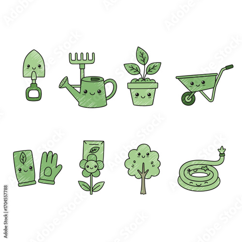 Set of  gardening icons in hand drawn green doodle style. Vector illustration with shovel, rake, watering can, potted plant, wheelbarrow, gloves, seed packet, flower, tree, hose