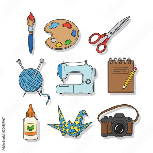 Set of  hobby icons in hand drawn doodle style. Vector illustration with paintbrush, palette, scissors, yarn ball, knitting needles, sewing machine, notebook, glue, origami, camera