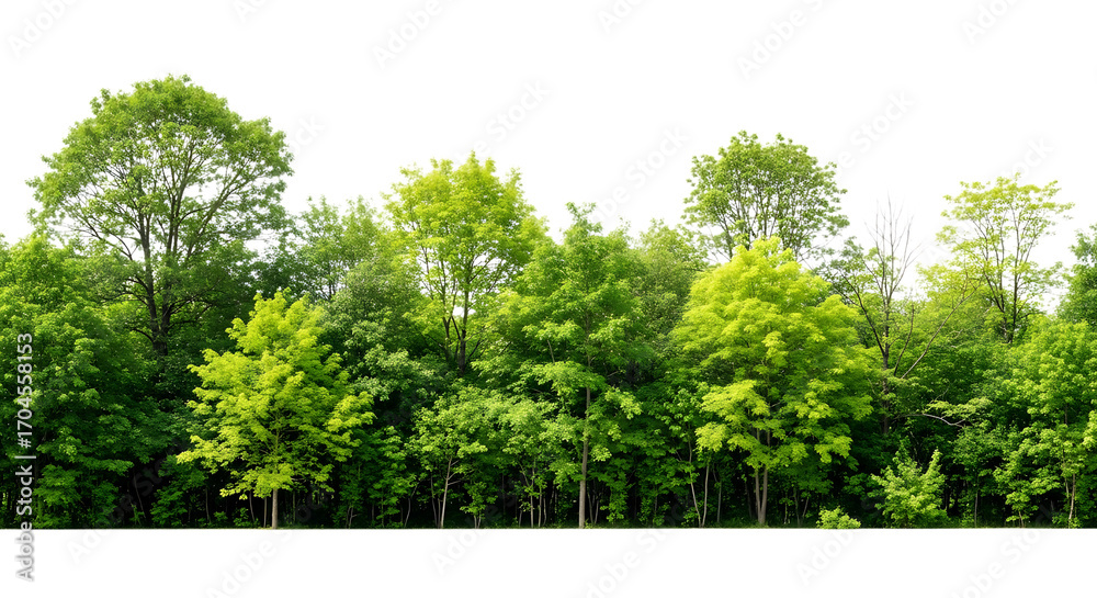 Fototapeta premium Lush deciduous forest with vibrant green foliage and varied tree heights in a natural setting view on transparent background