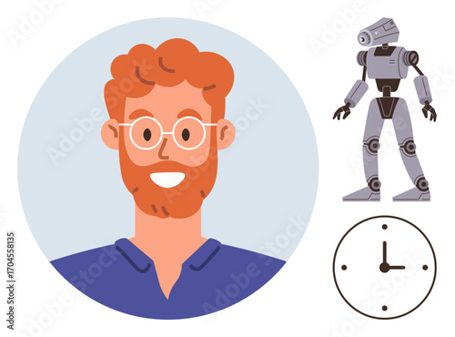 Smiling man with glasses, humanoid robot side view, simple clock. Ideal for technology, AI-human interaction, innovation, time management, future creativity modern society concepts. Simple flat