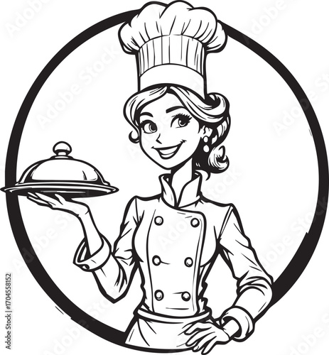 Cartoon chef woman holding a platter in black and white with a circular frame around the image