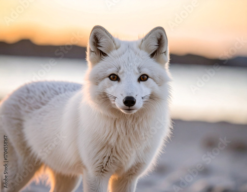 Arctic Fox Portrait: White Fur, Amber Eyes, Sunset Backdrop, Wildlife Beauty