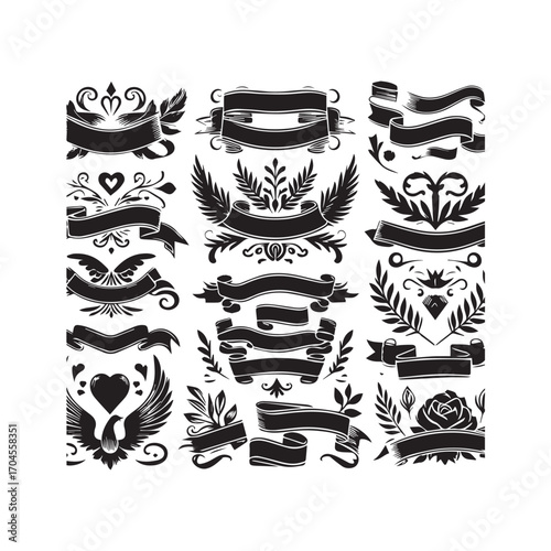 Diverse set of black vintage ribbons, wings, hearts, and floral emblems on a white background Keywords: ribbon, banner, vintage, ornate, decorative, flourish, scroll, graphic, illustration, black
