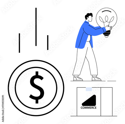 Person carrying lightbulb representing ideas and innovation next to a dollar coin and e-commerce box. Ideal for innovation, business growth, e-commerce, finance, entrepreneurship, creativity