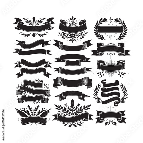 Ensemble of Hand Drawn Black Ribbons Banners Laurel Wreaths and Floral Accents on White Background