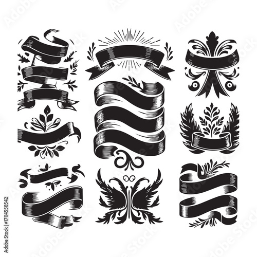 Ensemble of black vintage ribbons, stylized wings, and sunburst elements on a white background Keywords: ribbon, banner, vintage, ornate, decorative, flourish, scroll, graphic, illustration, black