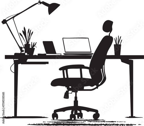A black and white illustration of a desk with a chair and a lamp in an office setting at home or work