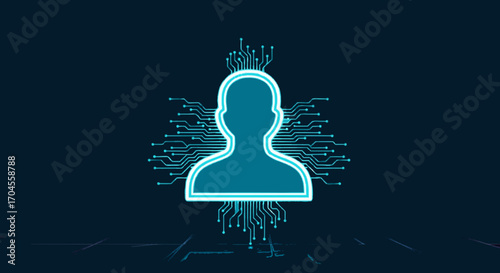 Conceptual illustration of a digital identity and artificial intelligence, featuring a glowing human silhouette integrated with a futuristic circuit board network