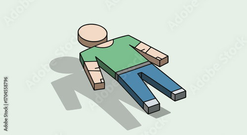 Symbolic 3D isometric illustration of a block figure lying down, representing concepts like burnout, exhaustion, collapse, or defeat