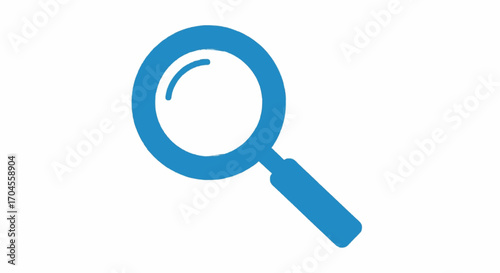 Flat design magnifying glass icon in a simple blue color, representing search, discovery, and detailed analysis on a white background