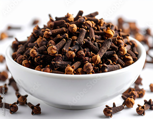 Aromatic Cloves in White Bowl, Isolated on White Background, Close-Up View