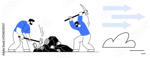 Two workers hammering and striking rocks with tools, symbolizing hard work, persistence, and problem-solving. Ideal for teamwork, labor, resilience, determination, productivity growth simple